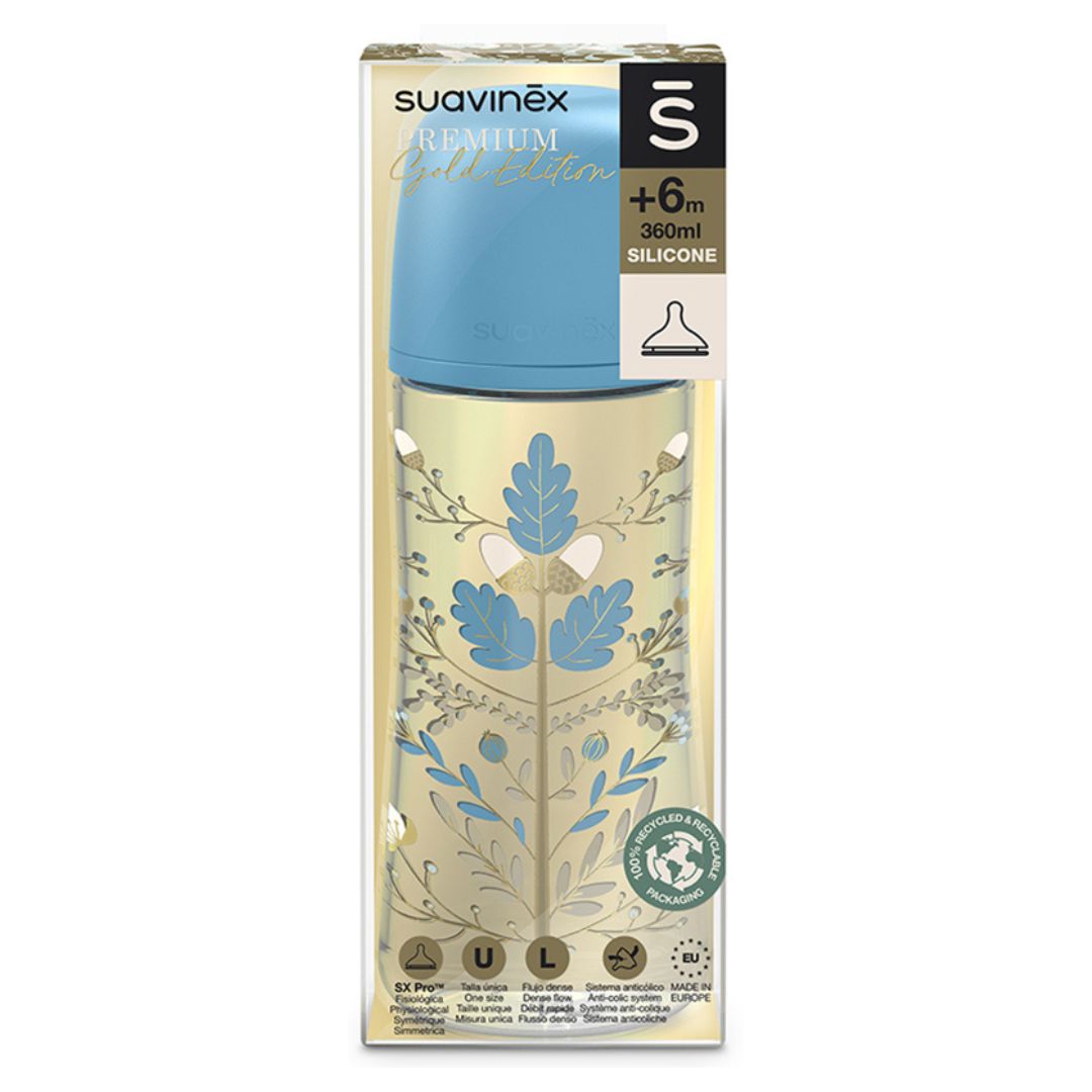 V493 - SUAVINEX GOLD BIBERON SILICONE DA 360ML SX PRO AZZURRO