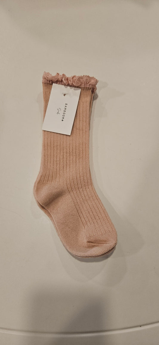 BAMBOOM Calza bimba a coste alta con pizzo - rosa cipria